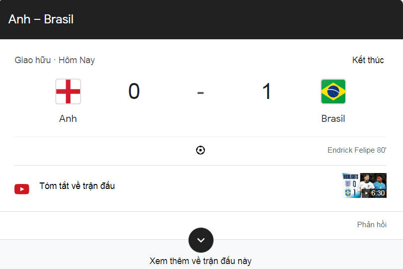 Anh 0 - 1 Brazil: 