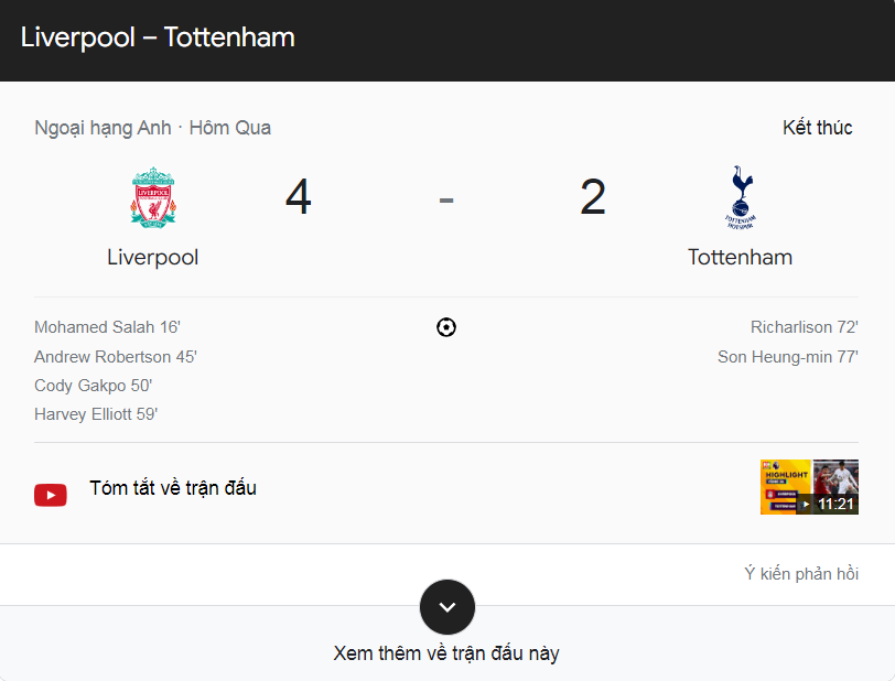 Thống kê nổi bật sau trận Liverpool 4-2 Tottenham (05/05/2024):